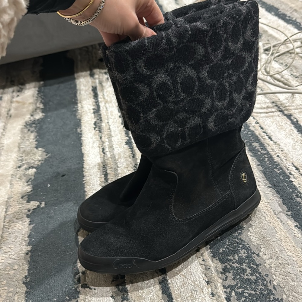 Coach Black Suede Fold-Over Ankle Boots with Patterned Cuff
